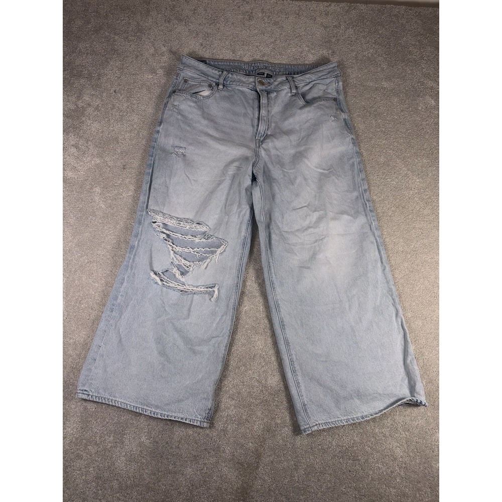 american eagle super high rise baggy wide leg ankle 14 Short Distressed Lt Wash